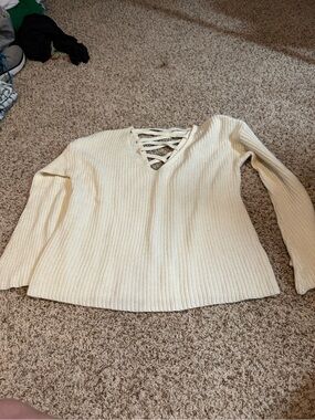 Poof! Cream Lace-Up V-Neck Ribbed Sweater